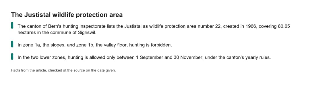 Ficha sobre la zona de protección de fauna del Justistal, protegida desde 1966, caza prohibida arriba