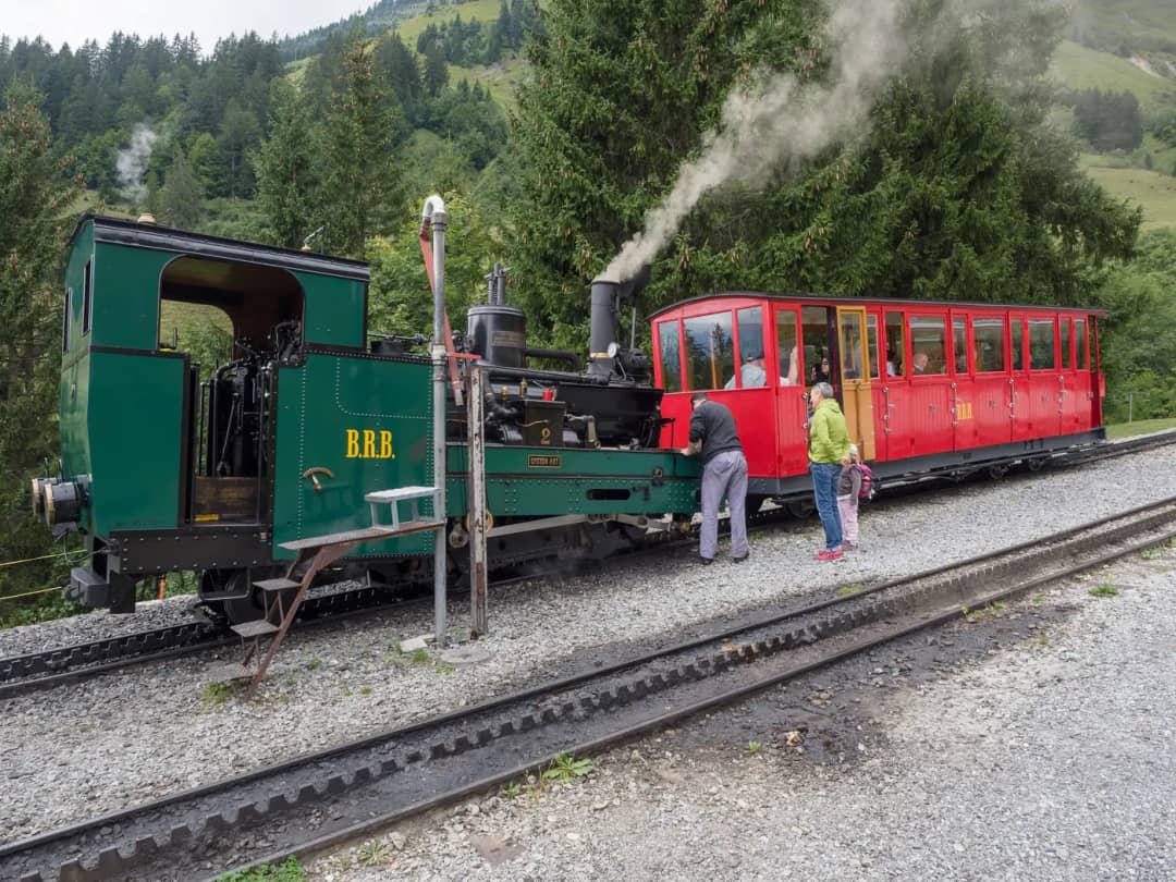 Train à vapeur du Brienz Rothorn Bahn arrêté à la station de Planalp, la fumée s'échappant de la locomotive verte