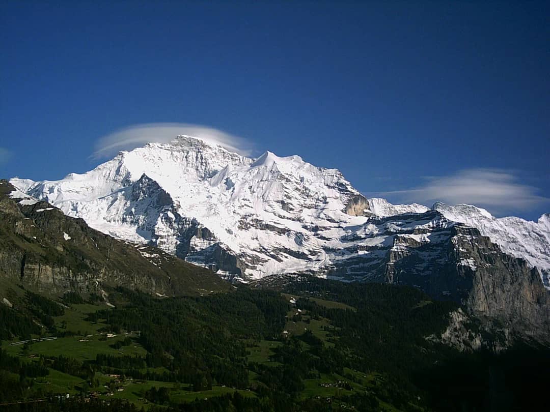 The snow-covered Jungfrau rising above forested slopes under a deep blue sky, the view from Wengen village