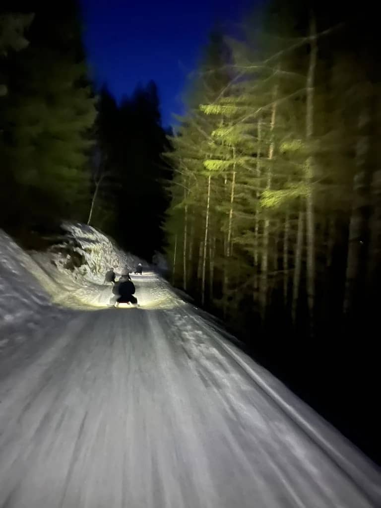 A sledder lit by a headlamp rides down the dark forest run from Sulwald towards Isenfluh on a January evening