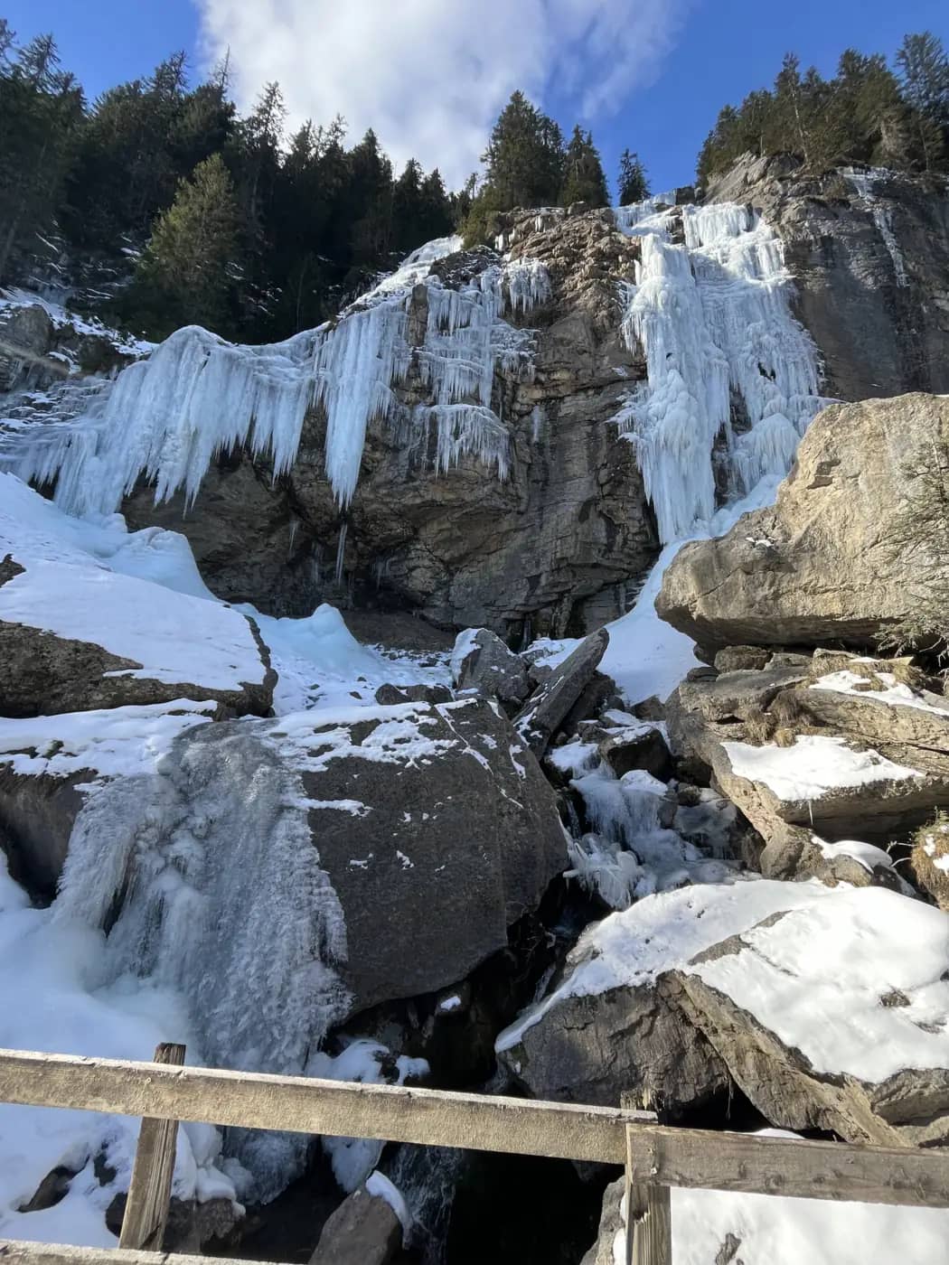 A frozen waterfall hangs over icy boulders beside the forest road below Sulwald in the depth of winter