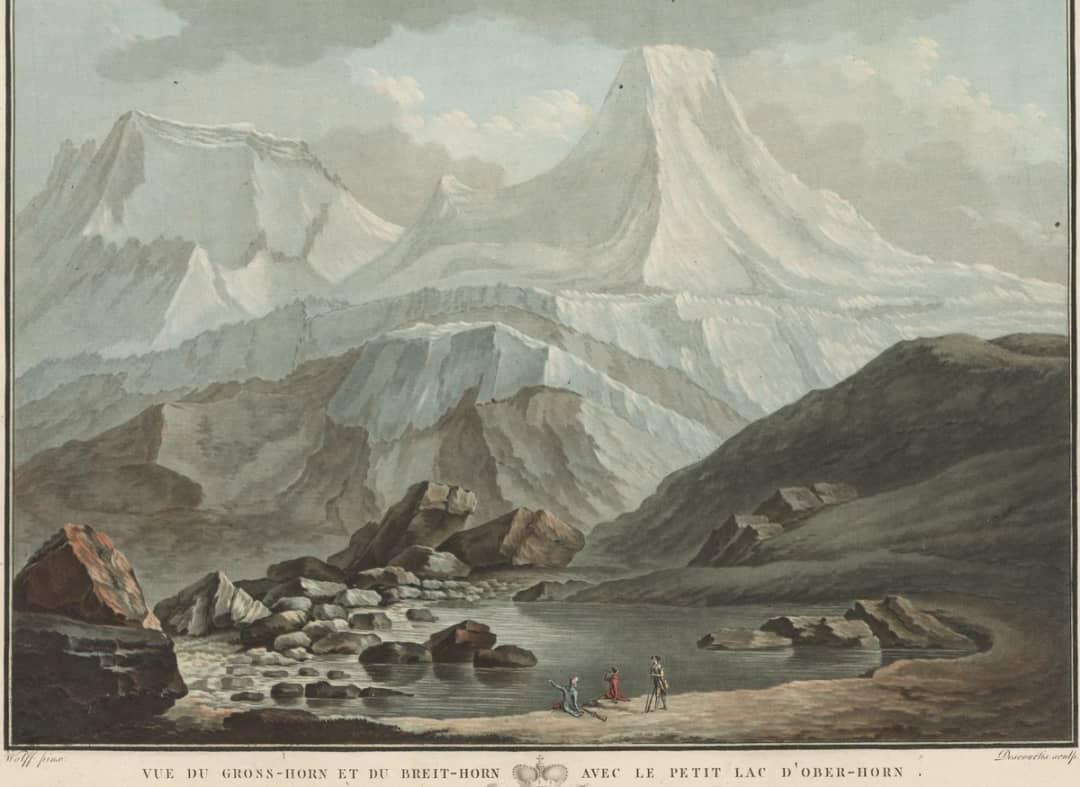 Gravure coloriée à la main du XVIIIe siècle, d'après Caspar Wolf, du petit lac d'Oberhorn sous le Breithorn
