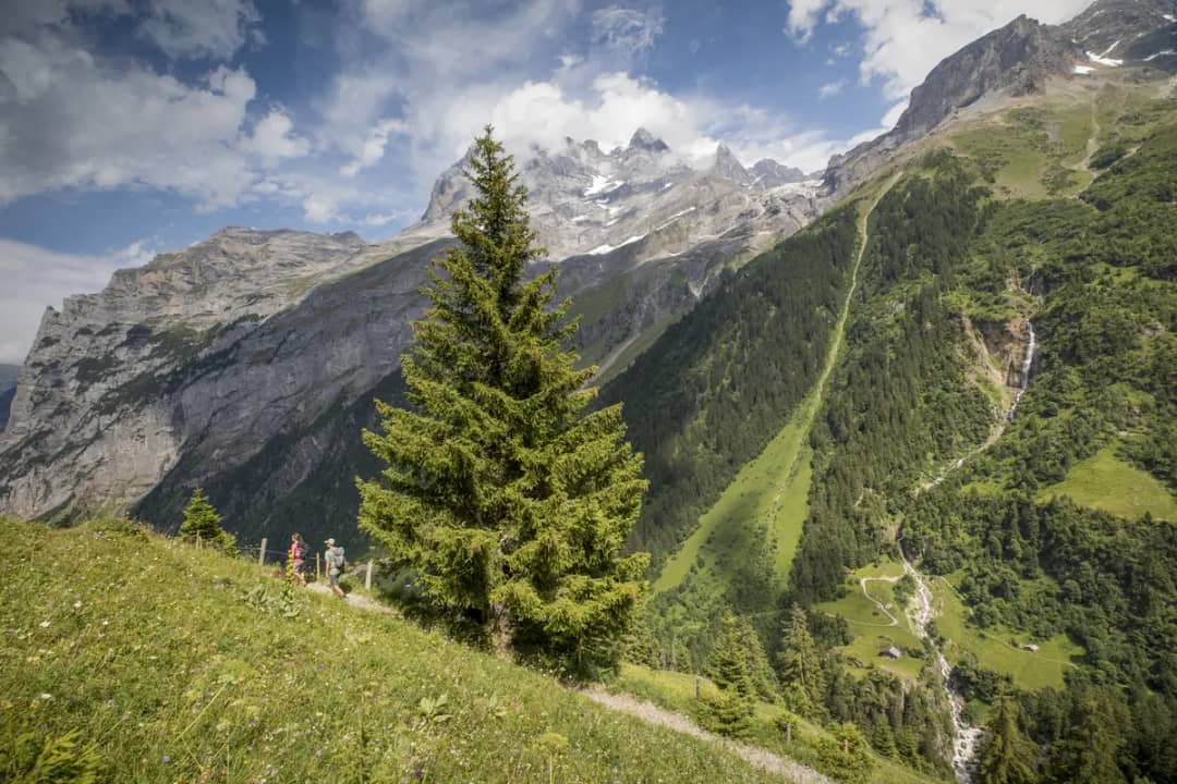 Des randonneurs sur un sentier de montagne raide, au-dessus du fond de la vallée, cascades sur la roche