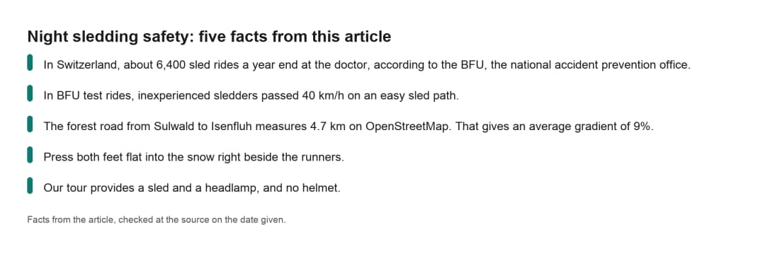 Fact card with five night sledding safety facts from the article, including the 9% gradient and the heel brake