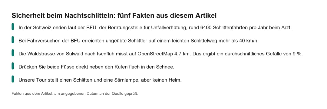 Faktenkarte mit fünf Fakten zur Sicherheit beim Nachtschlitteln, mit 9 % Gefälle und Fersenbremse