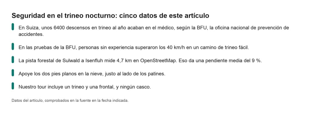 Ficha con cinco datos del artículo sobre seguridad en el trineo nocturno, con la pendiente del 9 % y el frenado