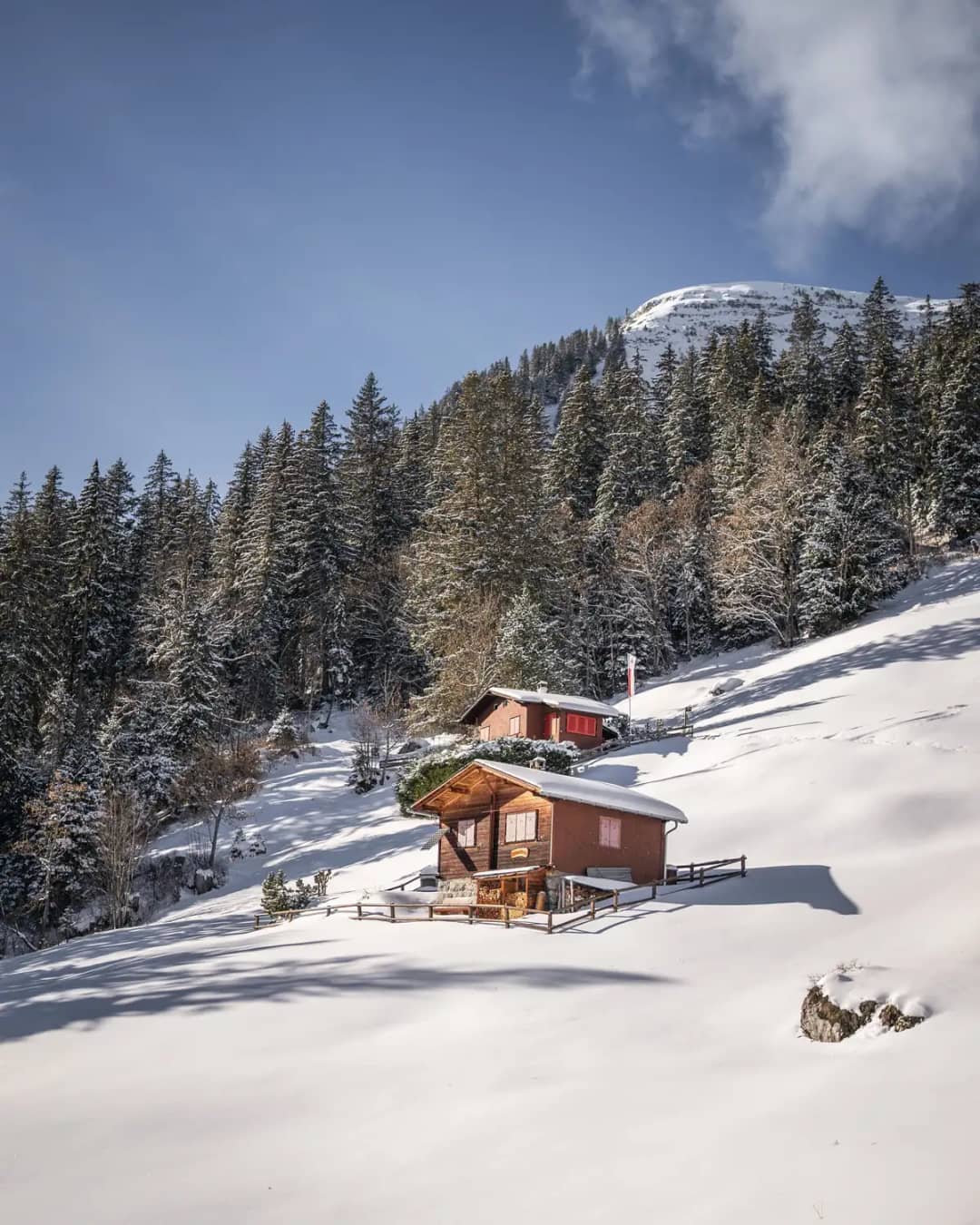 Chalets enneigés dans la forêt de Sulwald, au-dessus de Lauterbrunnen, où nos groupes en raquettes mangent la fondue