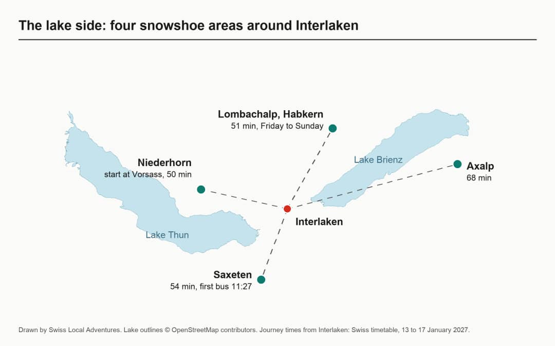 Map of the four snowshoe areas on the lake side of Interlaken: Niederhorn, Lombachalp, Saxeten and Axalp