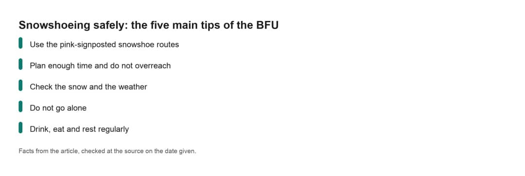 Fact sheet with the five BFU tips for safe snowshoeing: marked routes, time, weather, company and rest