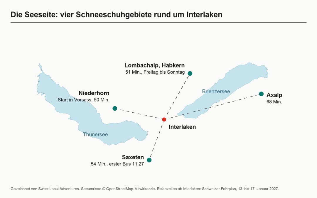 Karte der vier Schneeschuhgebiete auf der Seeseite von Interlaken: Niederhorn, Lombachalp, Saxeten, Axalp