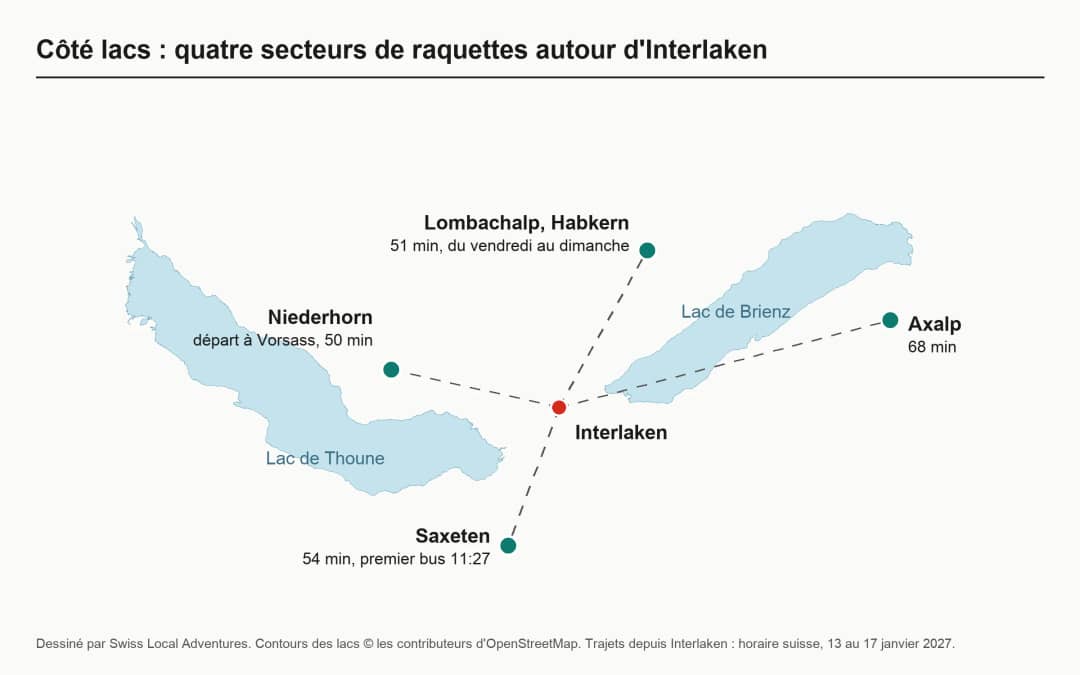 Carte des quatre secteurs de raquettes côté lacs à Interlaken : Niederhorn, Lombachalp, Saxeten et Axalp