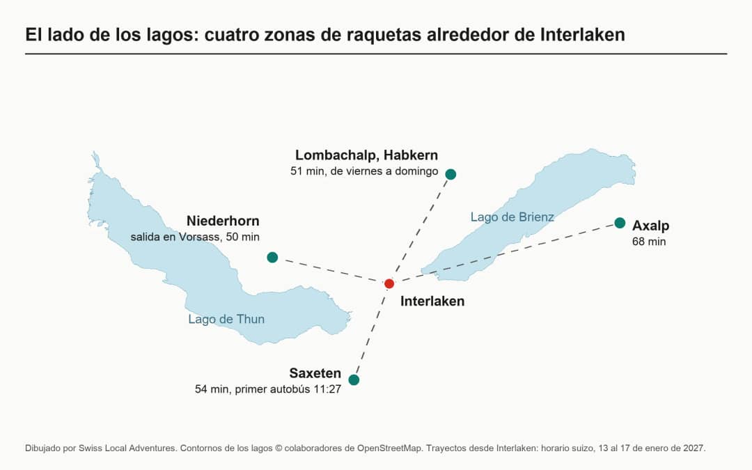 Mapa de cuatro zonas de raquetas junto a los lagos de Interlaken: Niederhorn, Lombachalp, Saxeten y Axalp