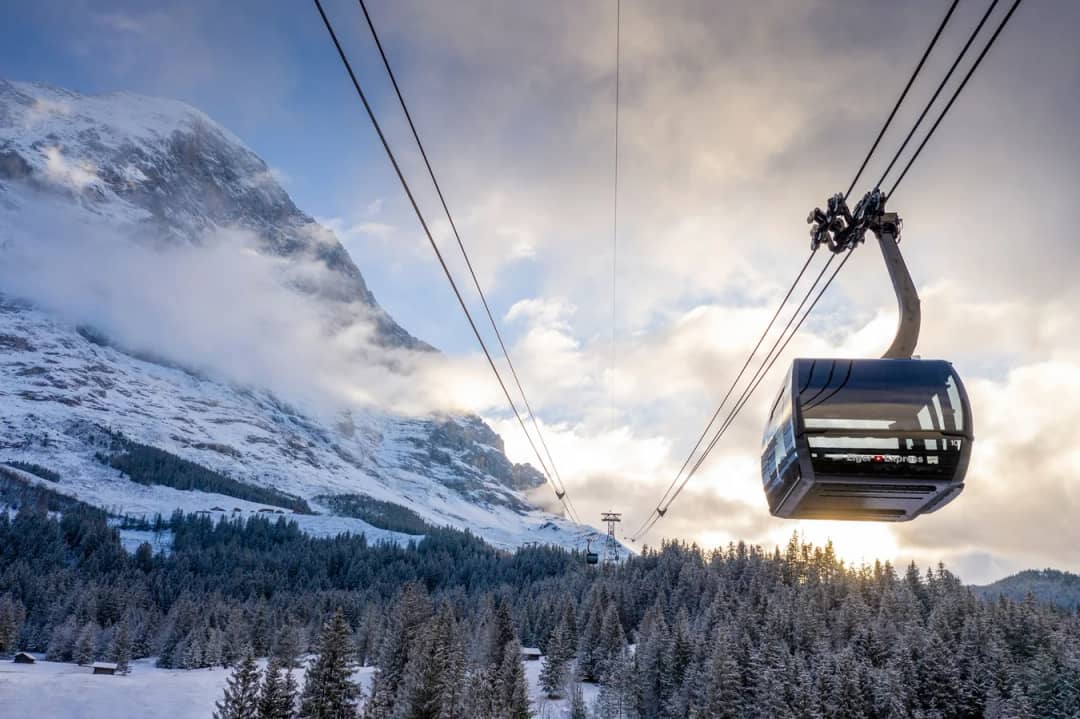 Eine Kabine des Eiger Express schwebt über verschneitem Wald unter der Eiger-Nordwand, Skitag in Grindelwald