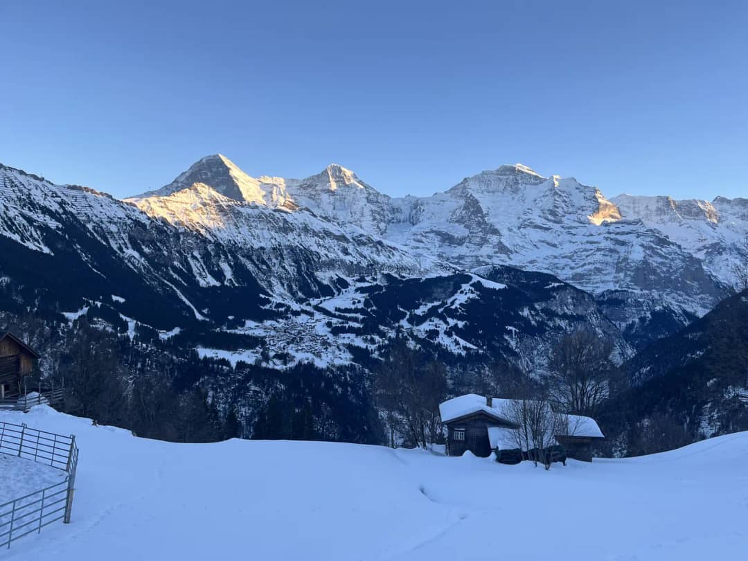 Eiger, Mönch und Jungfrau über dem verschneiten Lauterbrunnental, von Sulwald aus an einem Winternachmittag