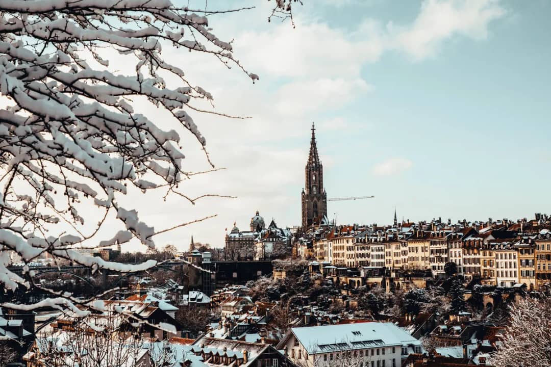 Verschneite Dächer der Berner Altstadt und der Münsterturm hinter bereiften Ästen, ein Winterausflug nach Bern