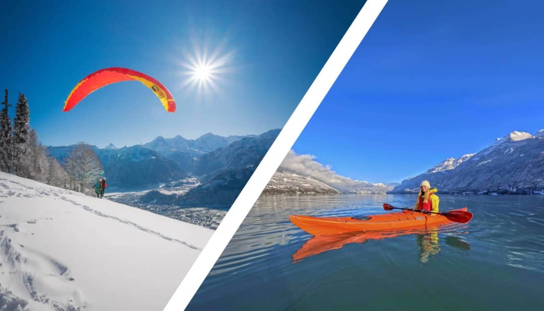 Parapente biplaza sobre colinas nevadas junto a un kayakista en el lago de Brienz, dos actividades de invierno