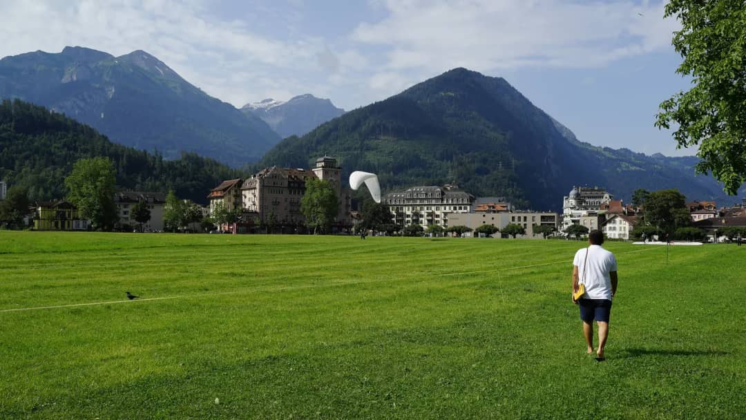 Mann geht über die grüne Höhematte in Interlaken, dahinter landet ein weisser Gleitschirm vor den Hotels