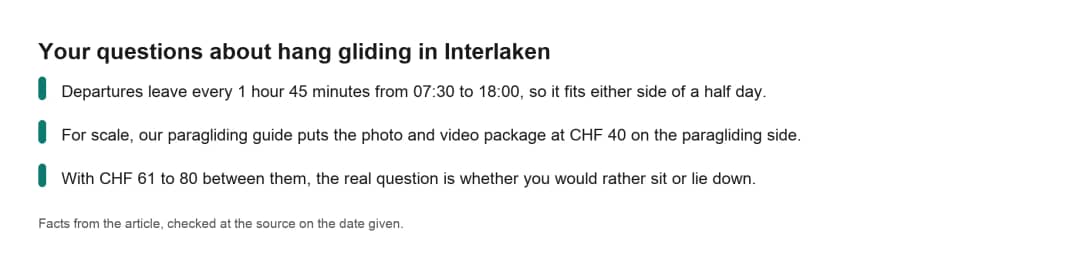 Fact card on hang gliding in Interlaken: departure times, the paragliding photo package and the price gap