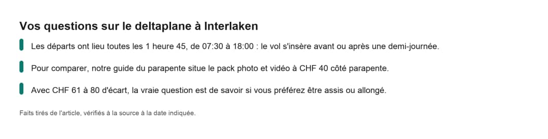 Fiche pratique sur le deltaplane à Interlaken : horaires des départs, pack photo du parapente et écart de prix