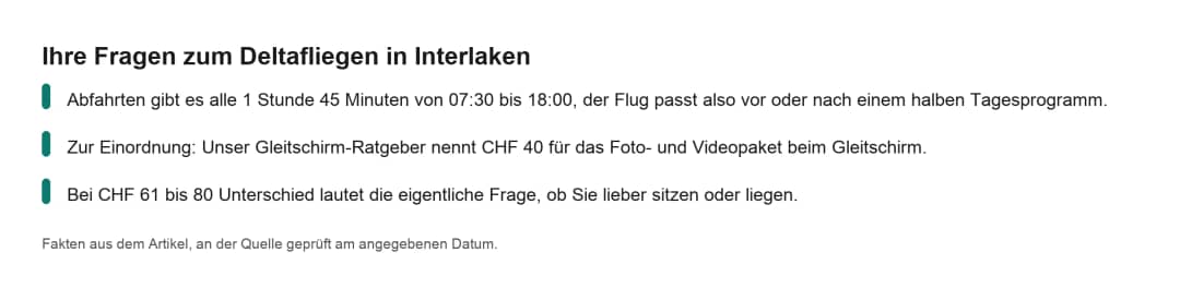 Faktenkarte zum Deltafliegen in Interlaken: Abfahrtszeiten, Fotopaket beim Gleitschirm und Preisunterschied