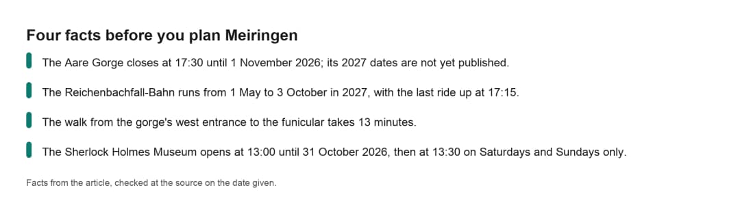 Fact card for a Meiringen day trip: Aare Gorge hours, Reichenbach funicular 2027 season, walk time and museum