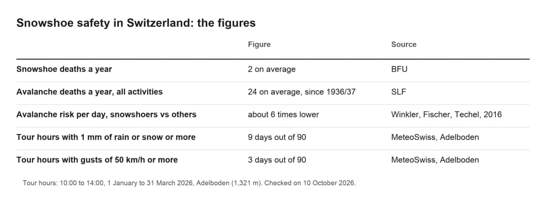 Table of Swiss snowshoe safety figures: yearly deaths, avalanche risk, wind and rain on tour days