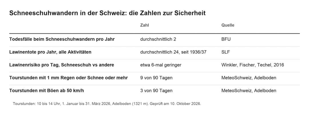 Tabelle mit Zahlen zur Sicherheit beim Schneeschuhwandern in der Schweiz: Todesfälle, Lawinenrisiko, Wind und Regen