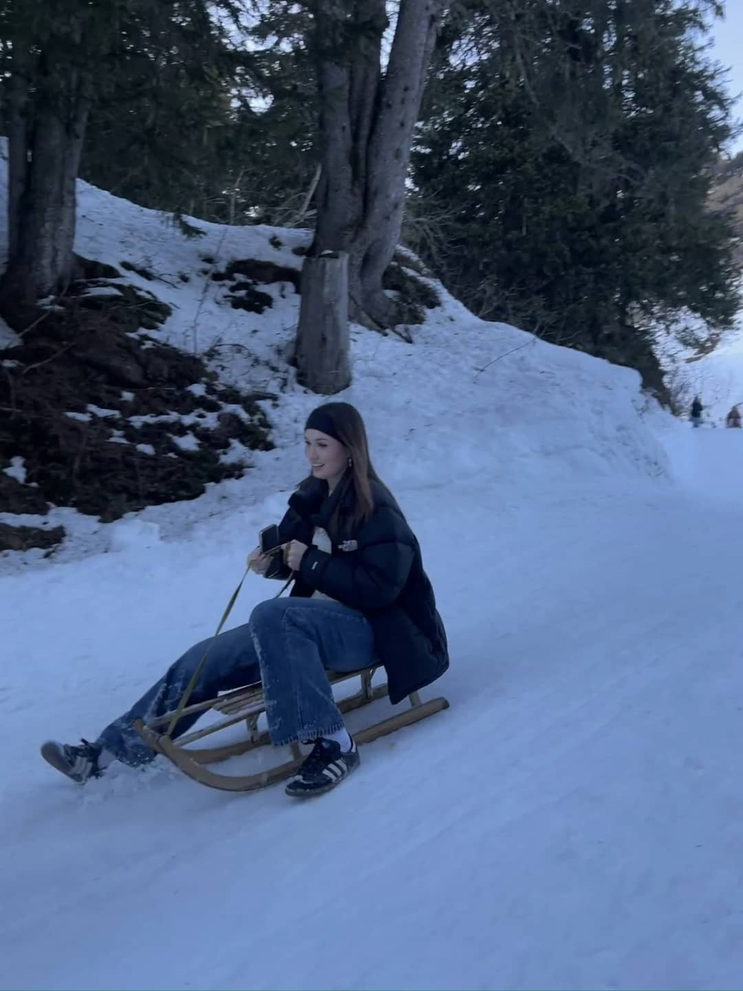 Cliente en un trineo de madera baja por una pista nevada del bosque en Mürren en febrero, con abetos a ambos lados