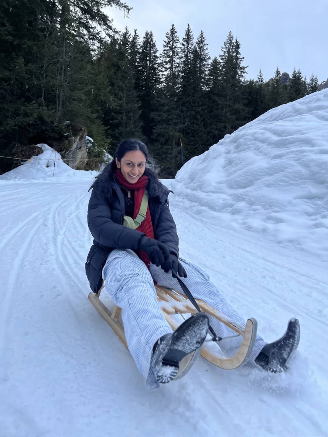 Woman sledding down the Bob Run between snow banks and fir trees above Mürren in March