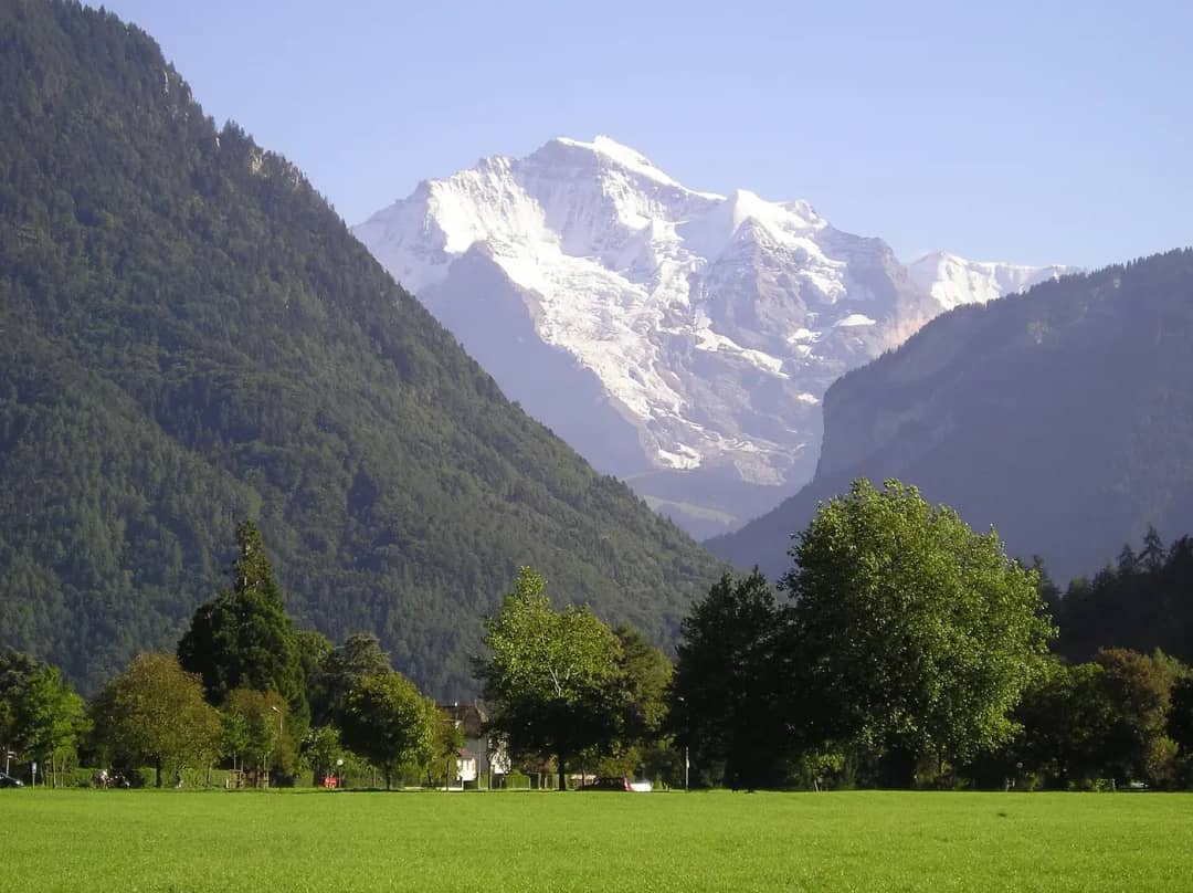 Jungfrau rising white at the end of the valley, seen across the green Höhematte from the Höheweg