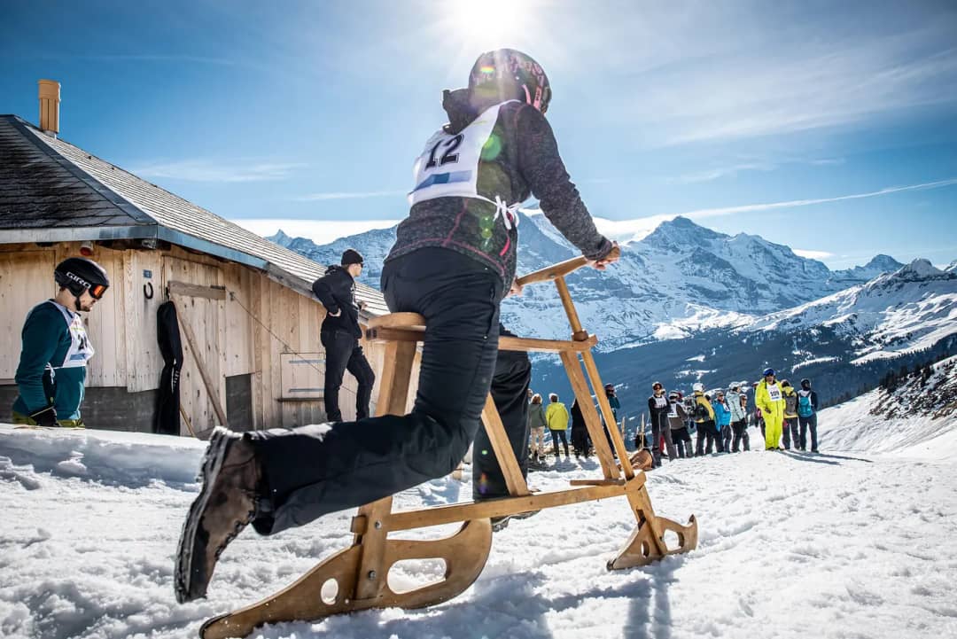 Frau auf einem hölzernen Velogemel am Rennstart auf der Bussalp, dahinter das Jungfrau-Massiv im Februar