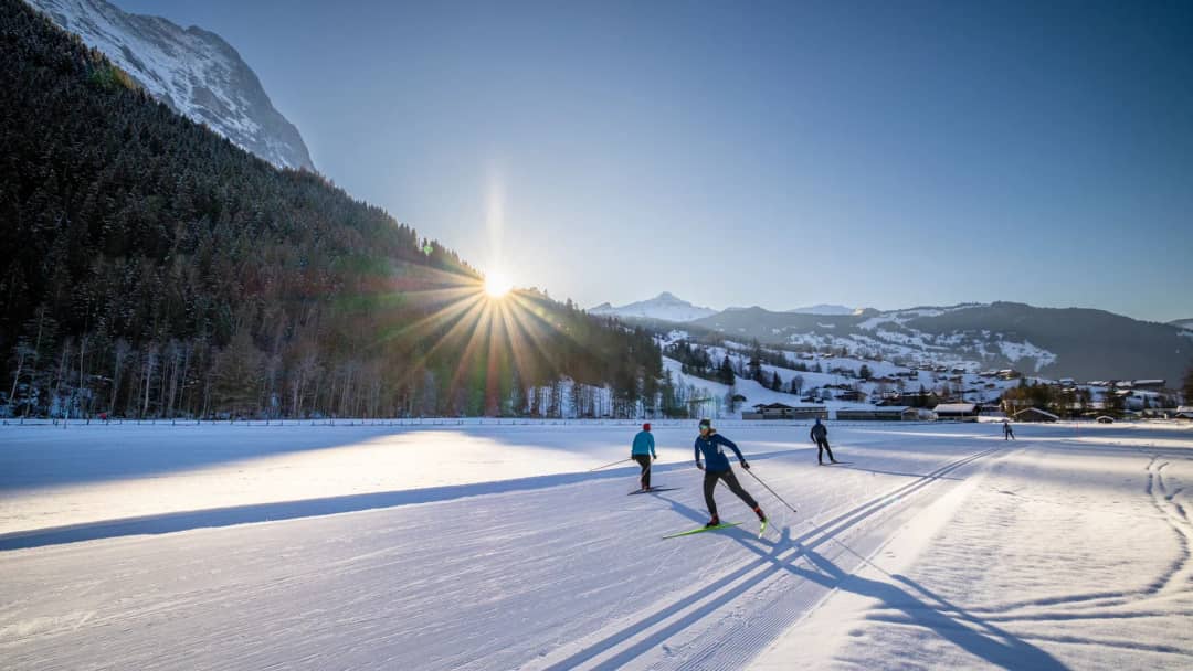 Cross-country skiers on the groomed Grindelwald loipe at sunrise, the Eiger north face above the forest